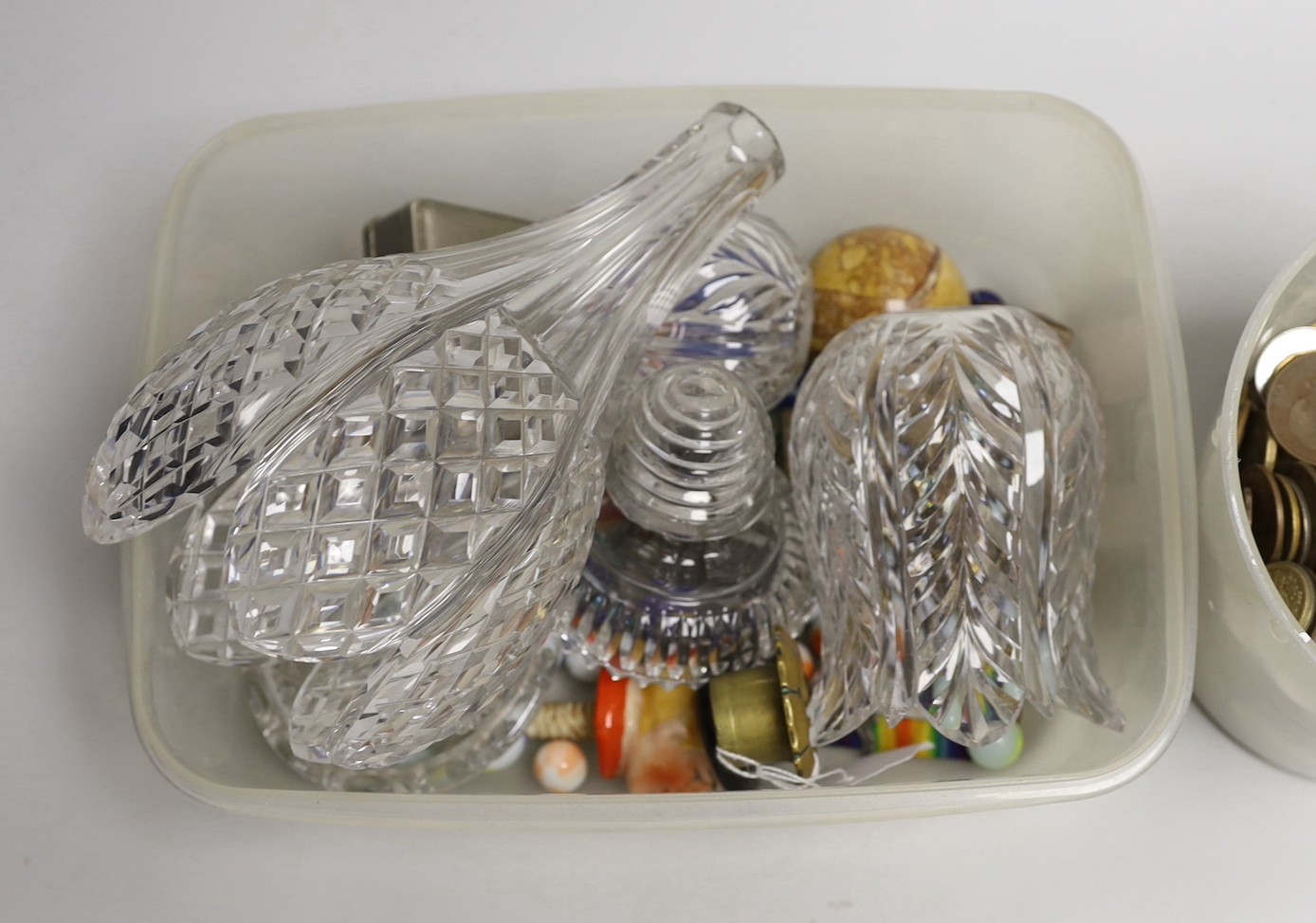 Cut glass light fitments, a quantity of marbles and mixed coinage etc
